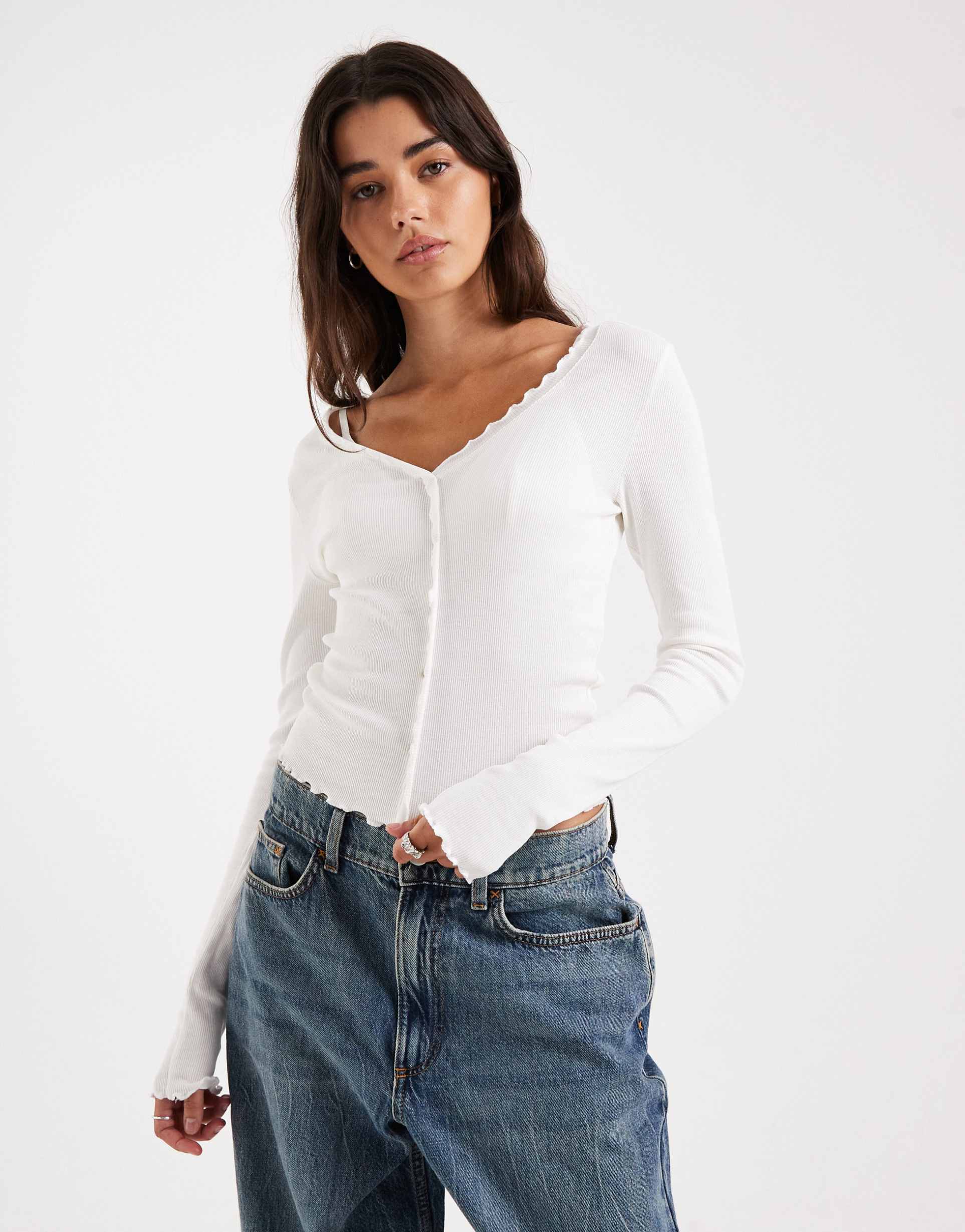 only ribbed knit cardigan with lettuce edge in white