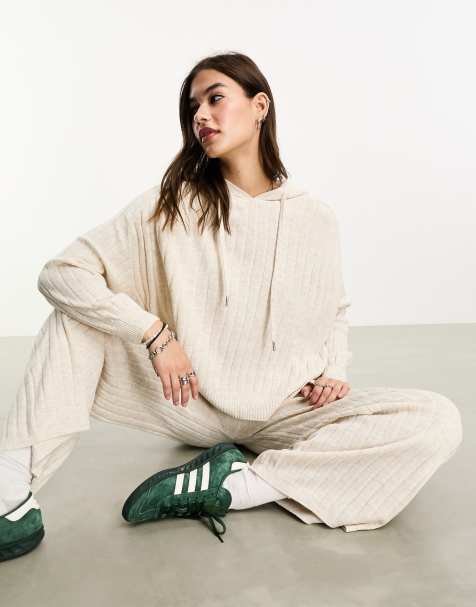 ONLY ribbed knit hoodie in cream - part of a set - view 1