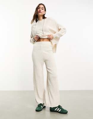 ribbed knit pants in cream - part of a set-White