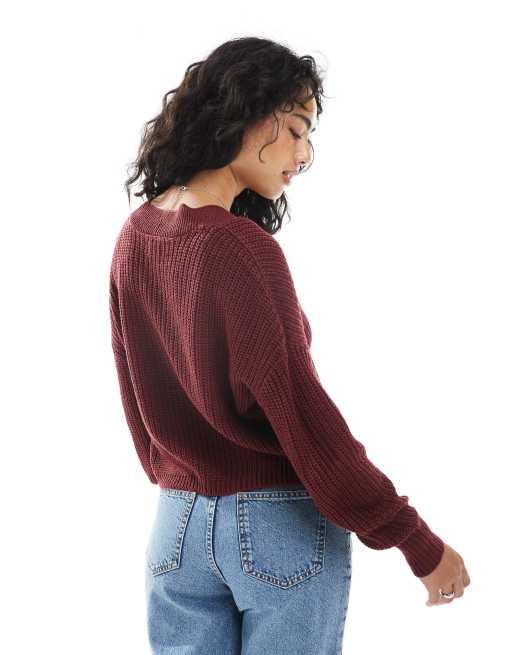 ONLY ribbed knitted cardigan in dark red, 2 of 4
