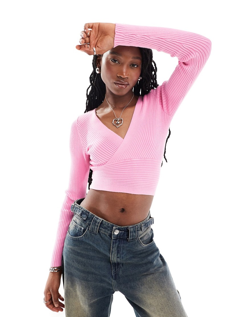 ONLY ribbed long sleeve crop top with cross front detail in light pink
