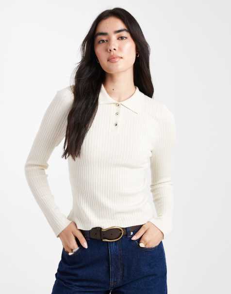 ONLY ribbed long sleeve polo in light beige - view 1
