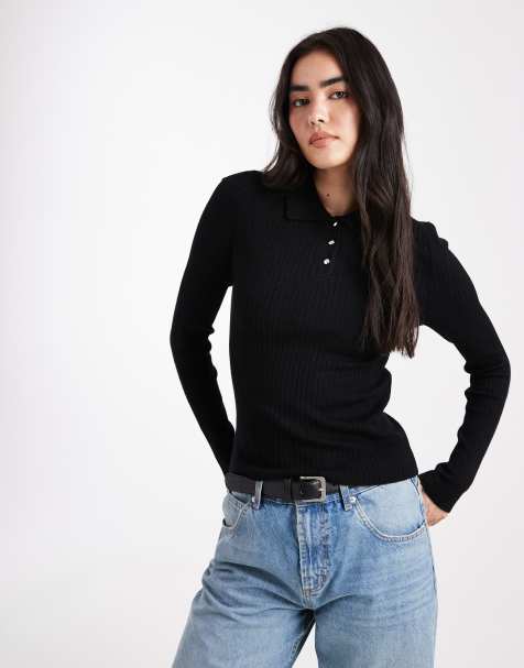 ONLY ribbed long sleeve polo in light black - view 1