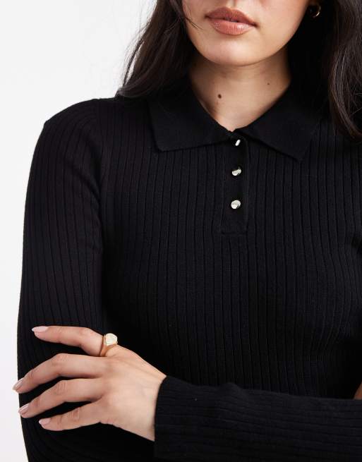 ONLY ribbed long sleeve polo in light black, 4 of 4