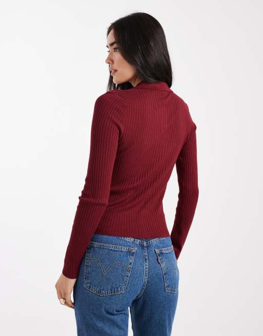 ONLY ribbed long sleeve polo in light burgundy, 4 of 4