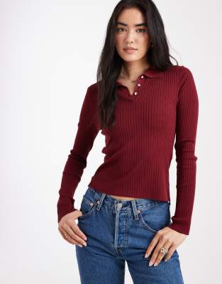 Only Ribbed Long Sleeve Polo Shirt In Burgundy