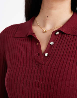 Only Ribbed Long Sleeve Polo Shirt In Burgundy