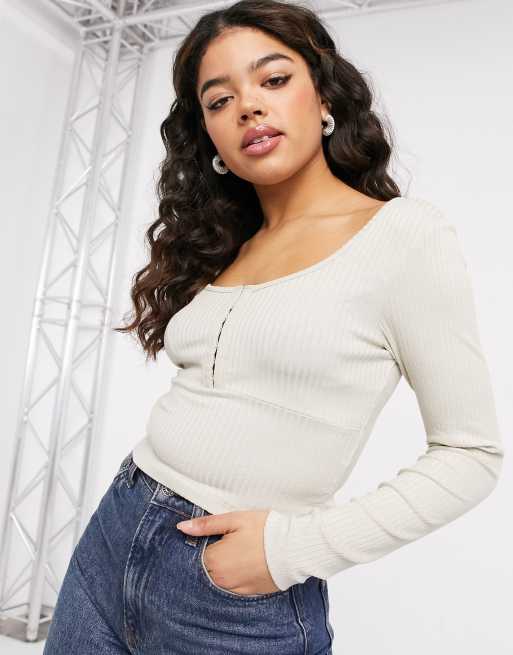 Long-sleeved Ribbed Top - Cream - Ladies