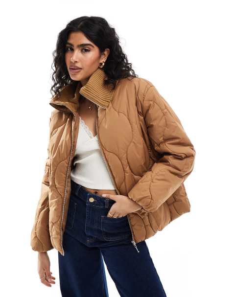 ONLY ribbed neck onion quilted coat in sand - view 1