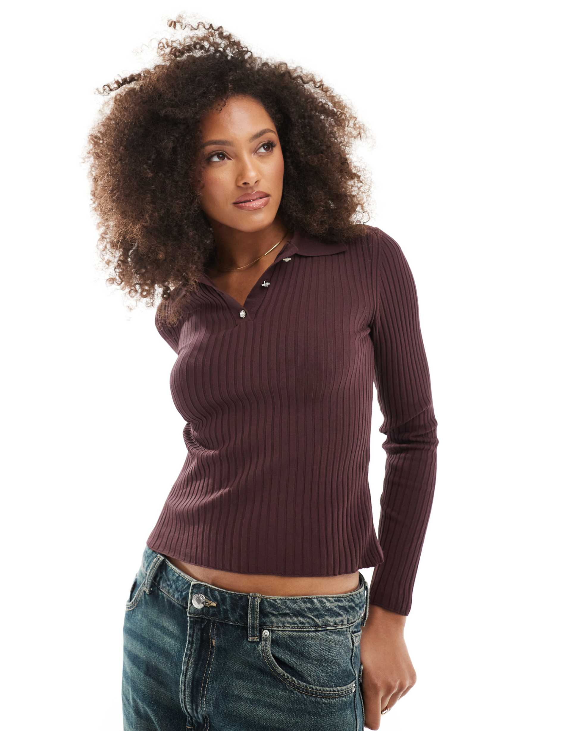 only ribbed polo in burgundy