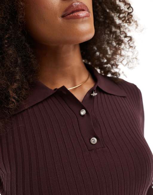 ONLY ribbed polo in burgundy, 3 of 4