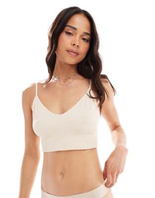 ribbed seamless strappy bralette in light beige-Neutral