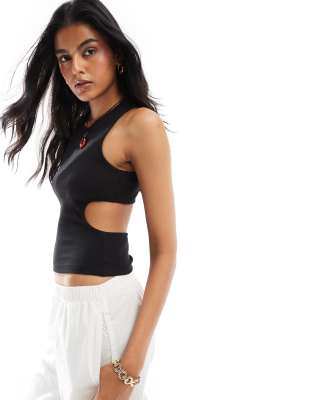 ribbed tank top with cut out detail in black