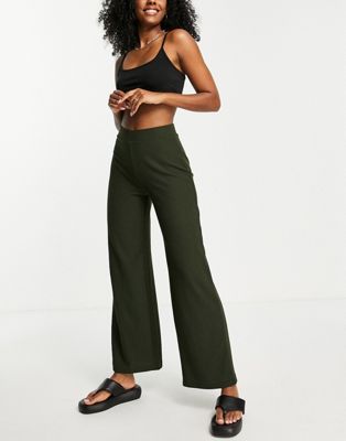 Only ribbed wide leg trousers in dark khaki
