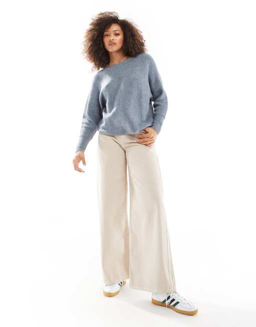 ONLY ribbed wide neck knitted jumper in light blue , 3 of 4