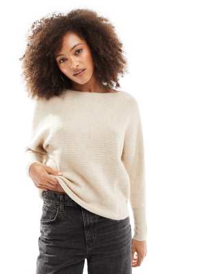 ribbed wide neck knitted sweater in ecru-White