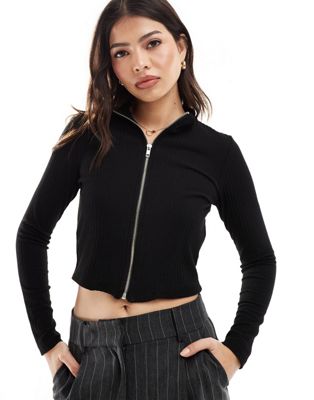 Only Ribbed Zip Through Top In Black