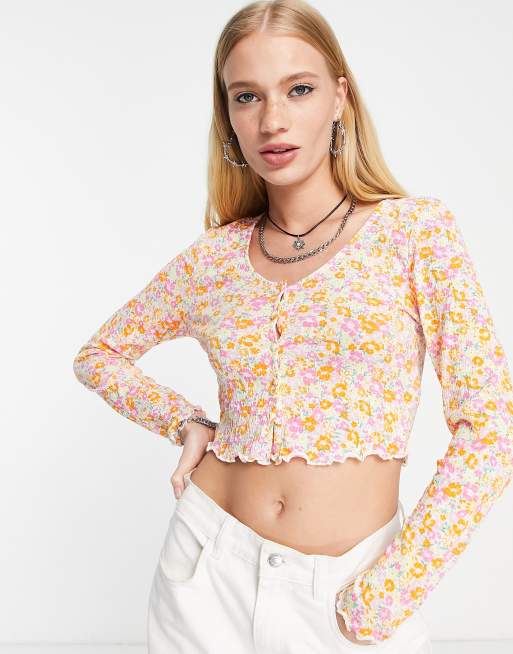 Only - Ribstrikket cropped cardigan i pastelfarvet blomstermønster