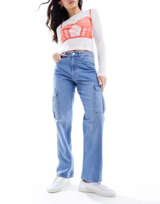 Only Riley High Waist Straight Cargo Jeans In Light Blue Wash