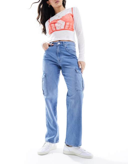 Light Blue Wash Front Cargo Pocket Wide Leg Jeans