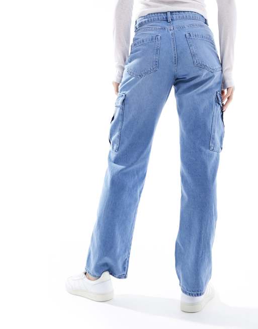ONLY Riley high waisted straight cargo jeans in light blue wash , 4 of 5