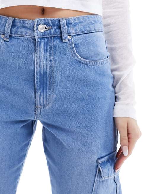 ONLY Riley high waisted straight cargo jeans in light blue wash , 5 of 5