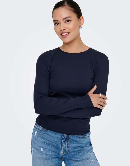 ONLY Riley topp i slim fit med rund halsringning och långa ärmar, blå, 4 av 7