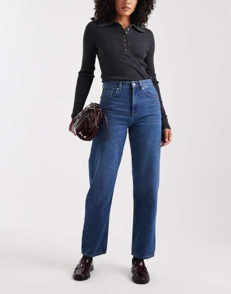ONLY Robbie high waist straight leg jeans in mid blue 