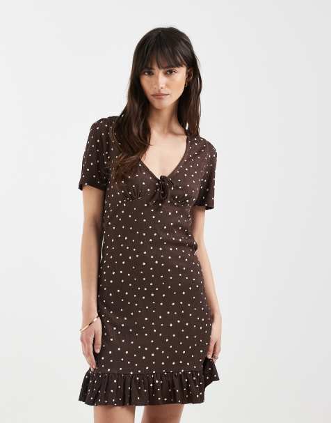 ONLY - Robe à pois courte avec col V - Marron - view 1