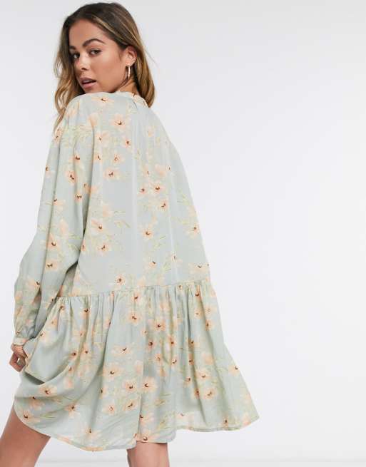 Only Robe babydoll manches ballon Vert fleuri ASOS