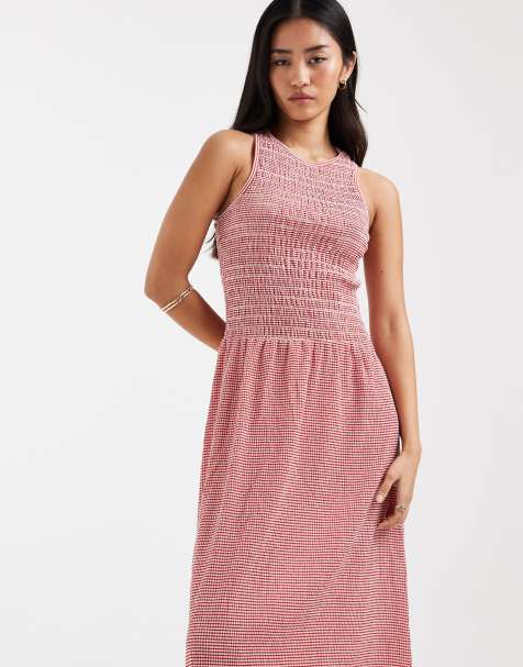 Only - Robe babydoll longue sans manches à carreaux vichy - Rouge - view 1