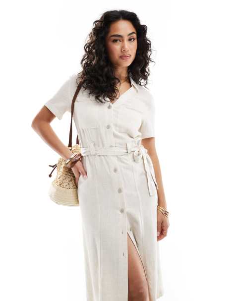 ONLY - Robe chemise en lin mélangé nouée à la taille - Crème - view 1