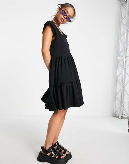 Only - Robe courte à col V et volants étagés - Noir
