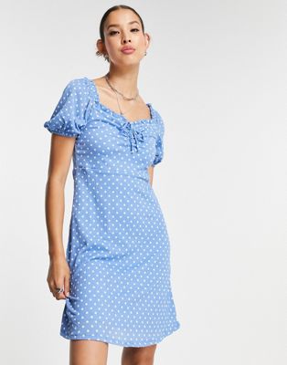 Only tie front puff sleeve mini dress in blue spot - ASOS Price Checker
