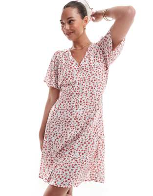 Robe courte à petites fleurs avec col V et liens à la taille - Rouge 34