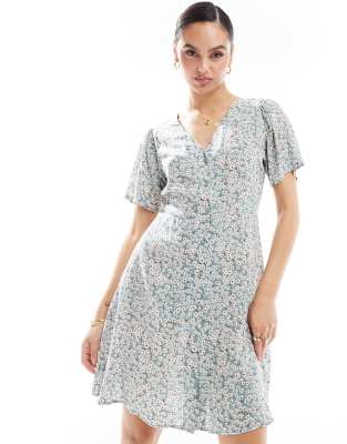 Robe courte col en V à taille nouée - Sauge fleuri-Vert 34
