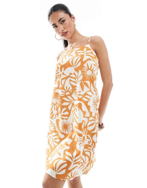 ONLY - Robe courte en lin mélangé à imprimé soleils - Orange - view 1