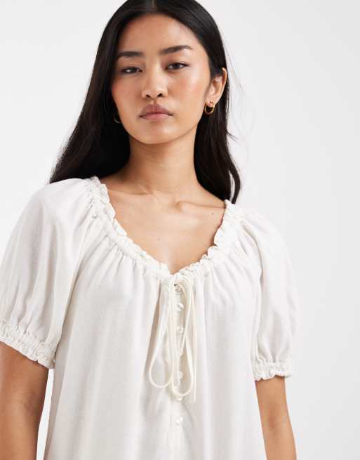 Only - Robe courte en lin mélangé à ourlet plongeant - Blanc, 3 de 4