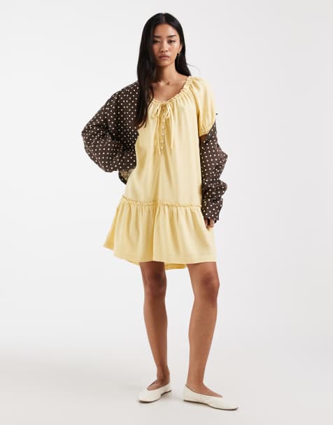 Only - Robe courte en lin mélangé à ourlet plongeant - Jaune pâle - view 1