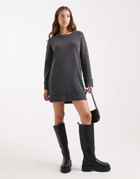 ONLY - Robe courte en maille à épaules tombantes - Gris - view 1