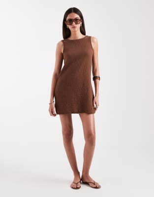 Robe courte et sans manches en gaze avec liens noués au dos - Chocolat-Brown 36