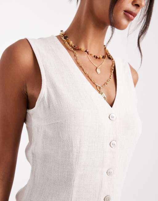 ONLY - Robe courte sans manches en lin mélangé - Crème, 3 de 4