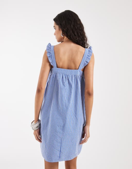 ONLY - Robe droite courte en gaze à carreaux vichy avec manches volantées - Bleu, 2 de 4