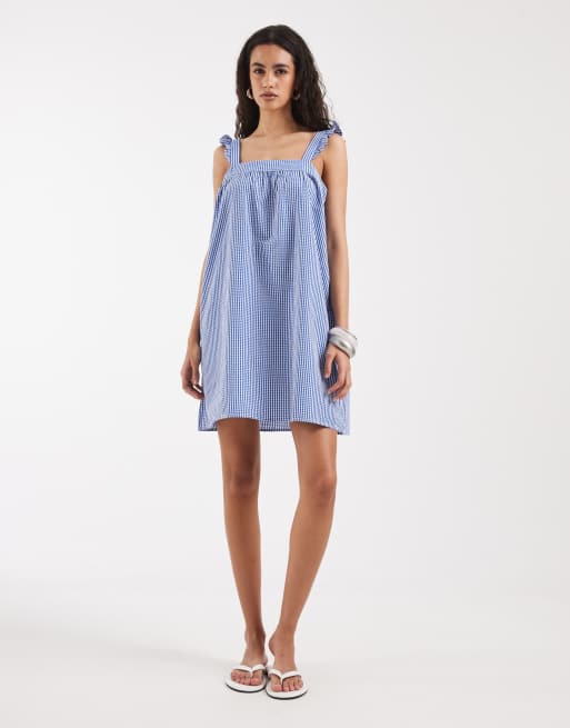 ONLY - Robe droite courte en gaze à carreaux vichy avec manches volantées - Bleu, 3 de 4