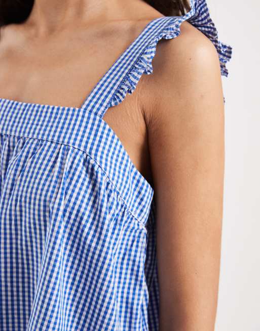 ONLY - Robe droite courte en gaze à carreaux vichy avec manches volantées - Bleu, 4 de 4