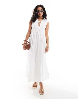Robe froncée longueur mollet en coton avec liens noués à l'avant - Blanc 34