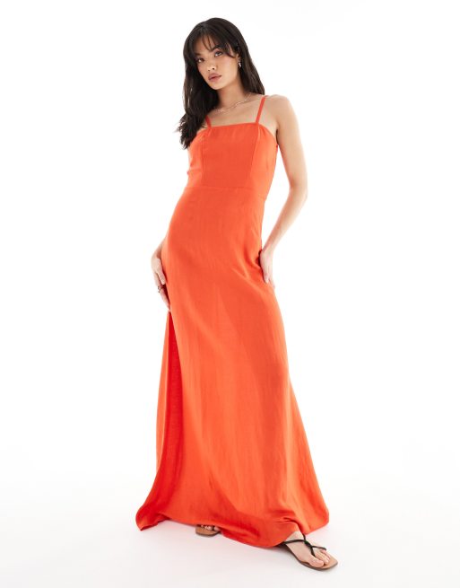 ONLY - Robe longue à bretelles en lin - Rouge 