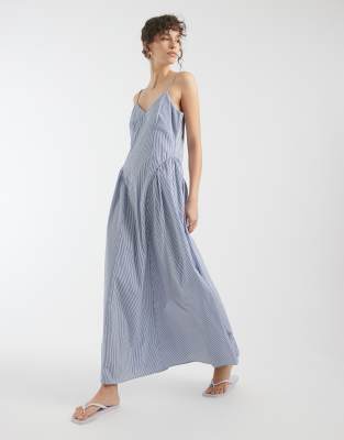Robe longue à rayures et taille basse - Bleu clair 42