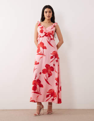 ONLY - Robe longue à volants et imprimé fleurs - Rose