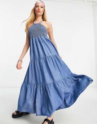 Only denim shirred high neck tiered maxi dress in blue - ASOS Price Checker